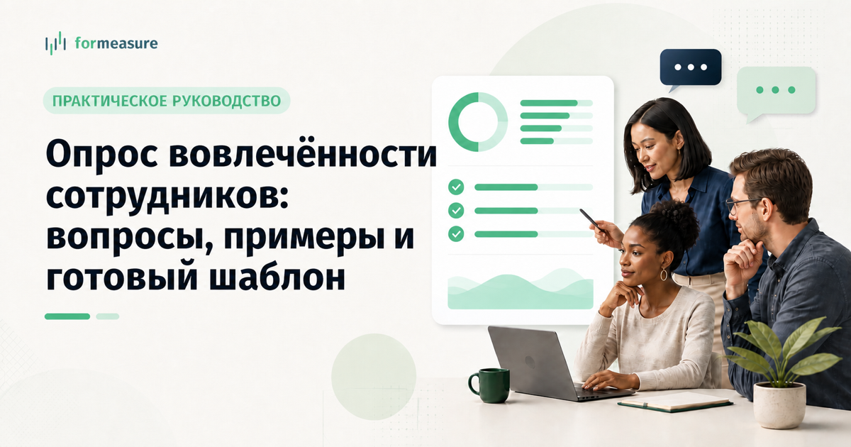 Обложка статьи «Опрос вовлеченности сотрудников: готовый шаблон из 17 вопросов»